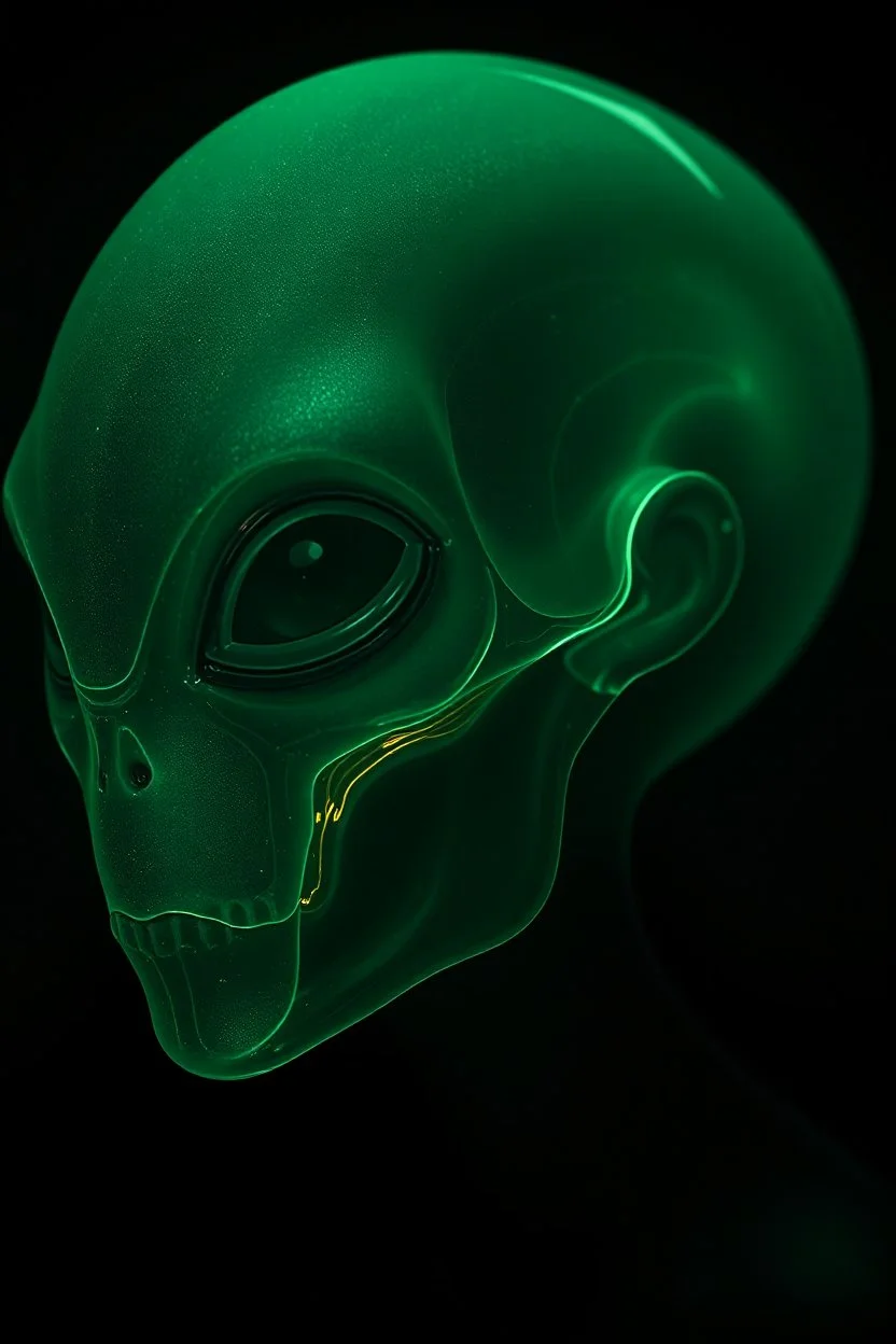 A transparent, hollow, glowing, face , a side view photo , 8k, high resolution for a big head alien in dark green