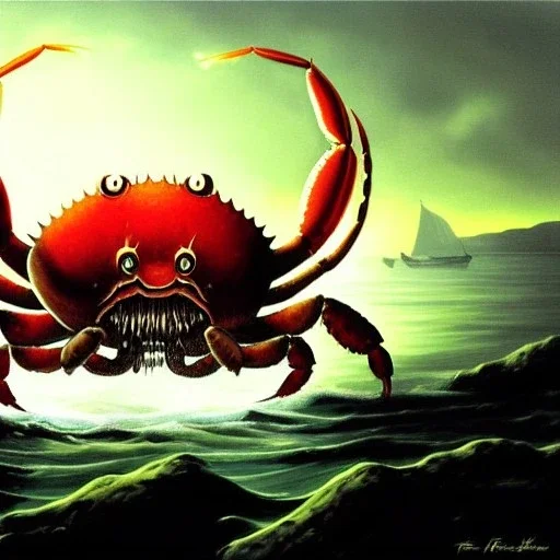 ultra detailed fullbody Drawing of Sea monster Gigantic Red Crab on the shore ,open mouth, with sharp teeth, with glowing red eyes,with humungus pincers, extremely detailed digital painting, intrincate, extremely detailed face,crystal clear Big eyes, in the style of Frank Frazetta, mystical colors , perfectly centered image, perfect composition, rim light, beautiful lighting, 8k, stunning scene, raytracing