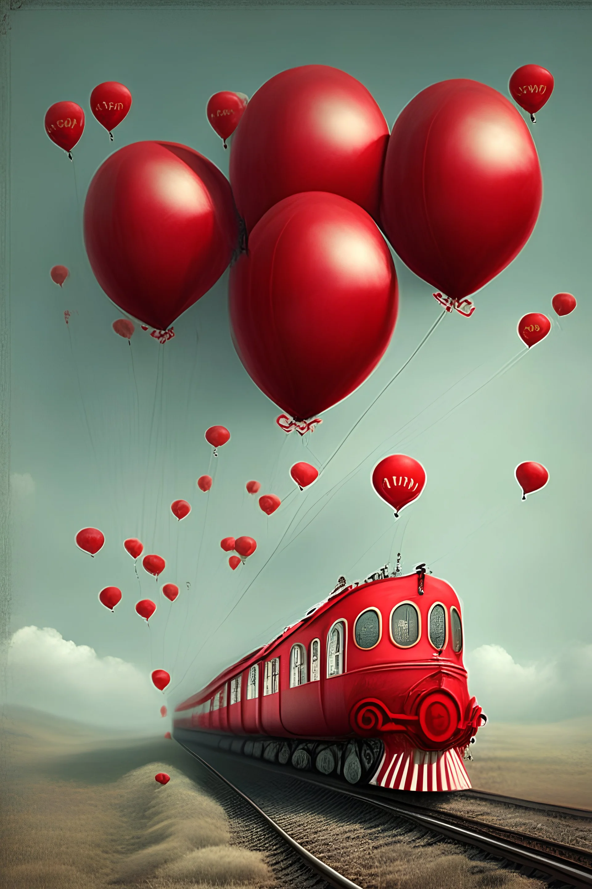 red train fly by balloons