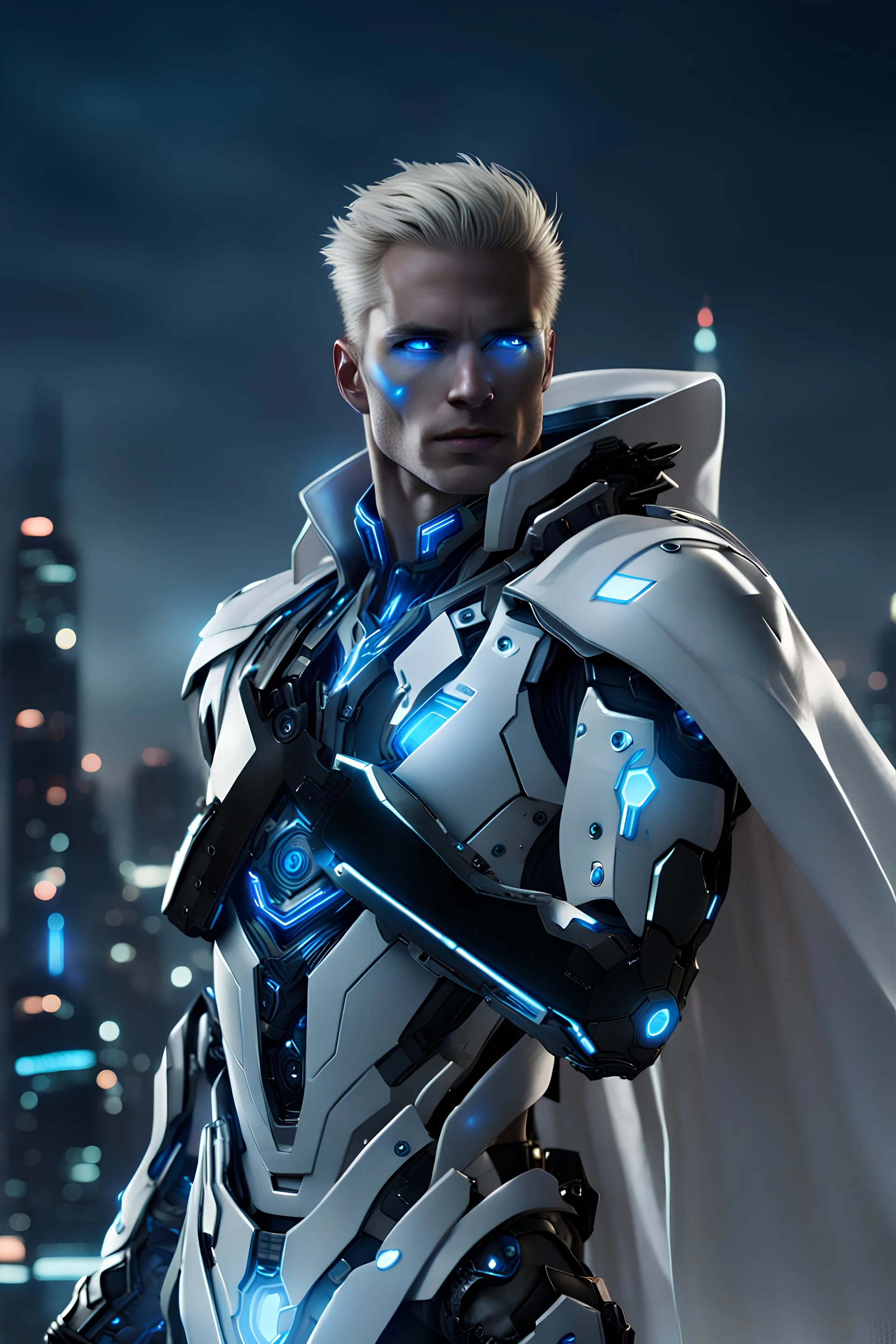 Man with Blonde Hair, glowing blue cybernetic eye, black cybernetic arm, white open coat, thin silver armor underneath night, city background,