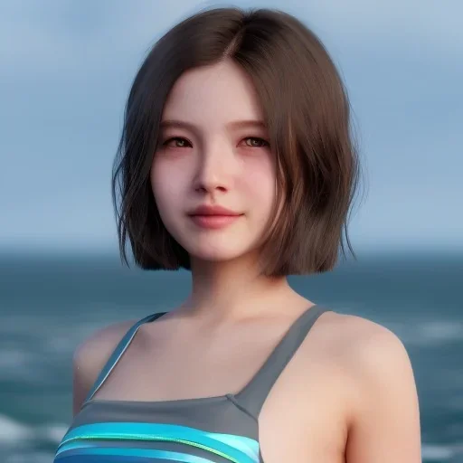 girl look beautiful wear swimsuit but revenge, close-up, short hair, smile, 8k ,rtx ,eyebrows like serious,facing left, hyper realistis