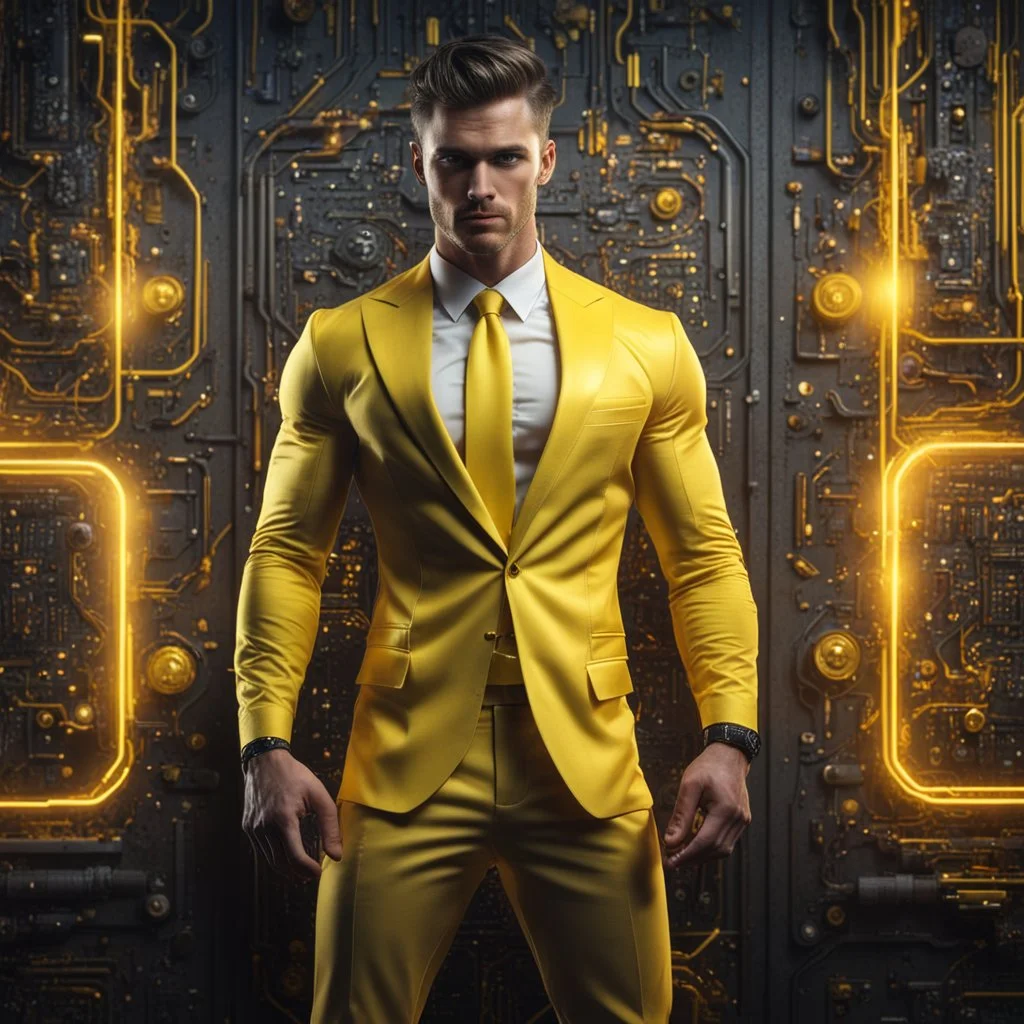 Hyper Realistic handsome muscular Electric-Superhero wearing fancy yellow tuxedo in a dark-rustic-circuit-room with electric-sparks & a massive circuit-board-wall