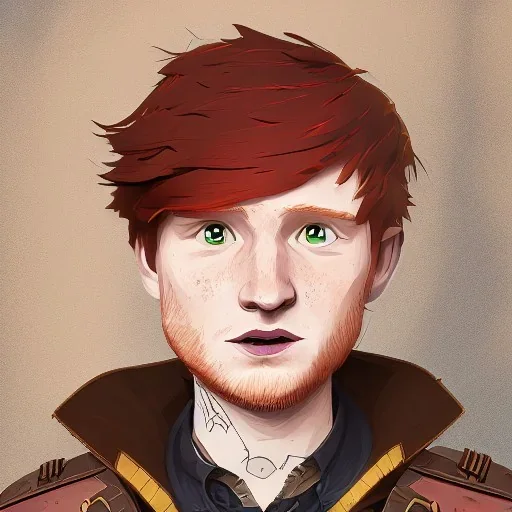 ed sheeran with dark brown hair, round head, lego, steampunk