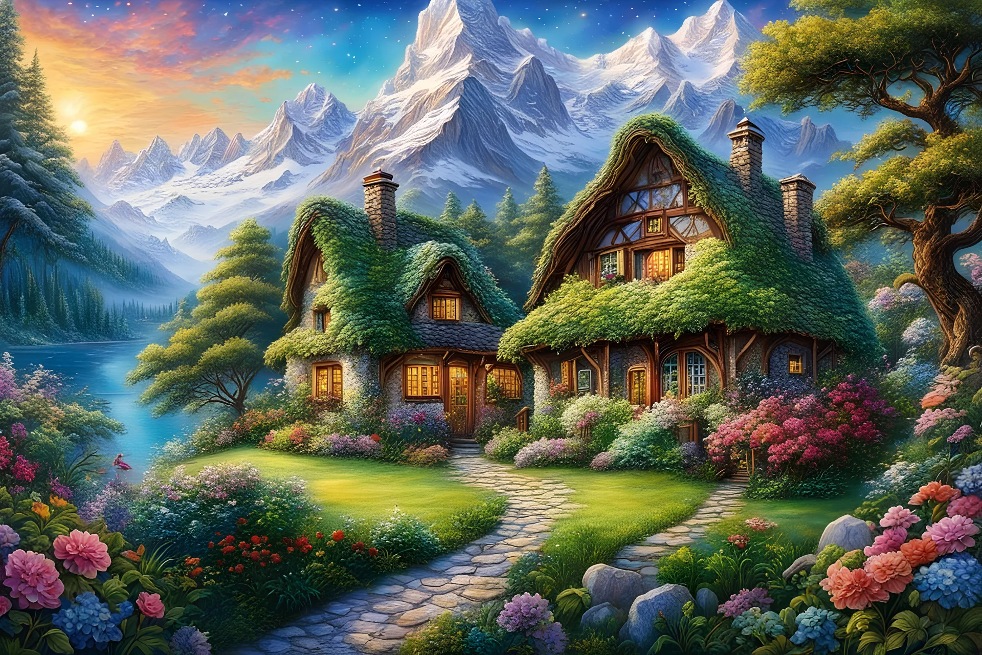 Switzerland beautiful single cottage surrounding snow mountain with green garden, flowers in front of cottage, super detailed, 8k, best quality, masterpiece, realistic, in style Josephine Wall