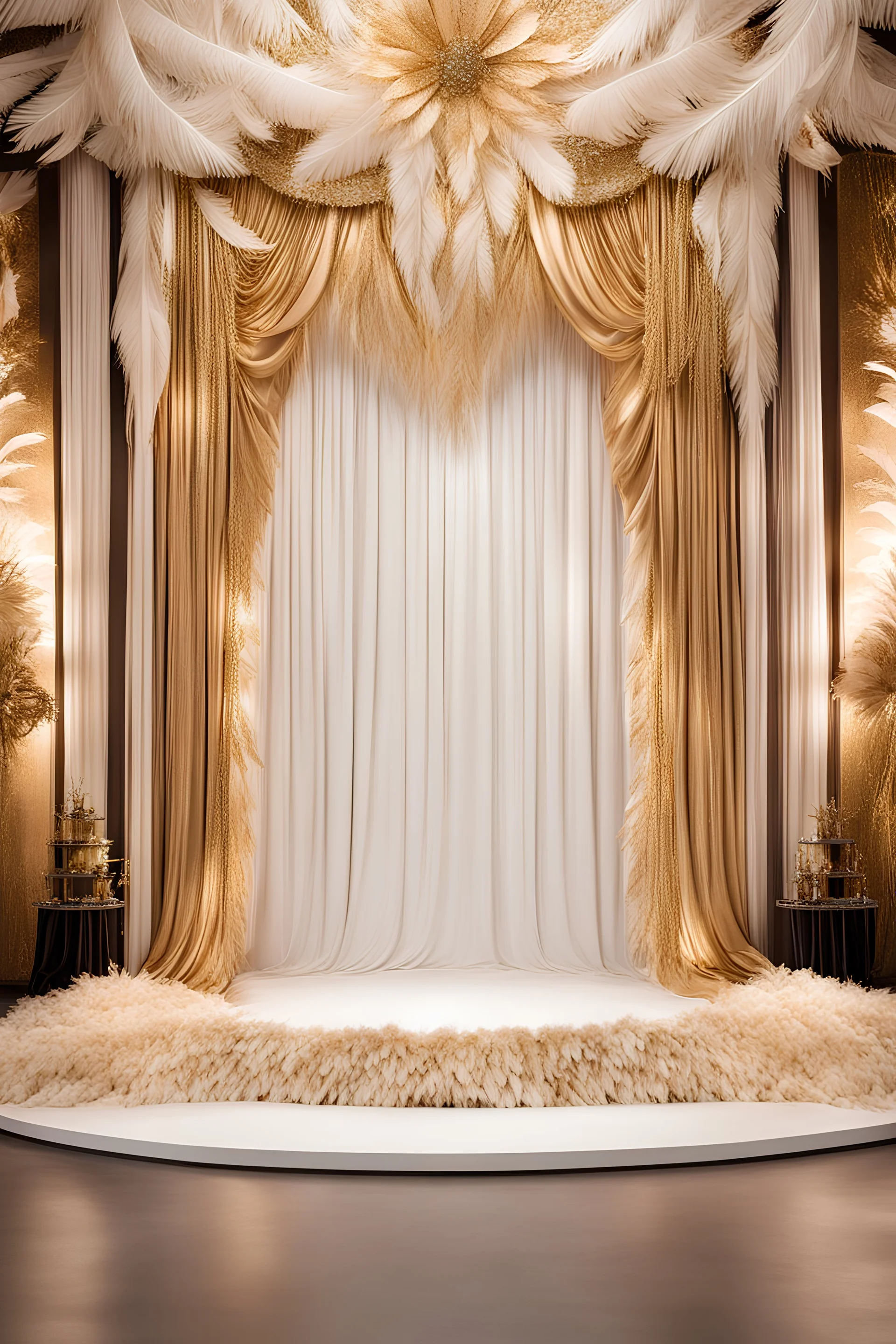 an event backdrop full of whitish gold feathers stage that is inspired by the greatest showman as well as the great gatsby
