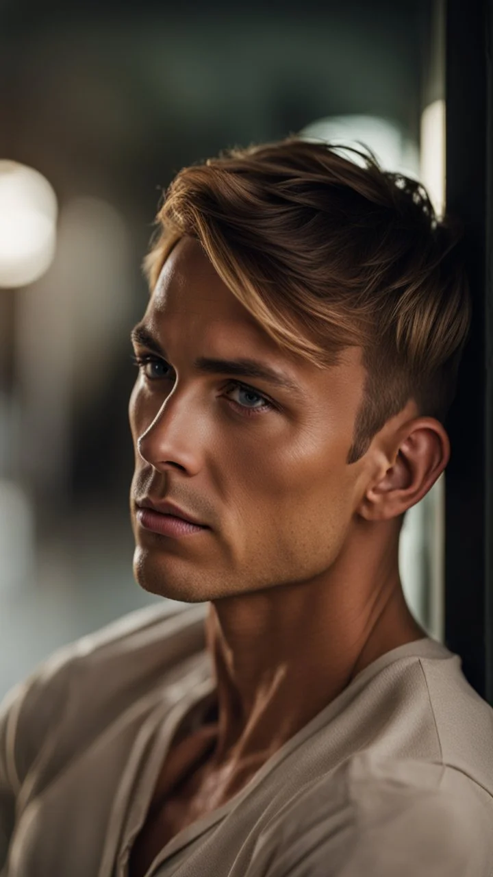 portrait of a 35 year old man very handsome with a sharp Jawline. lightly tanned skin. blonde hair cut short, clean shaven