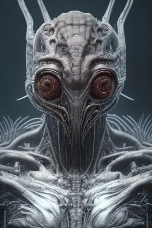 evil predator with crown, alien, brutal face, tron, head, burn eyes, 8k, finely detailed, dark light, photo realistic, hr giger, cyberpunk