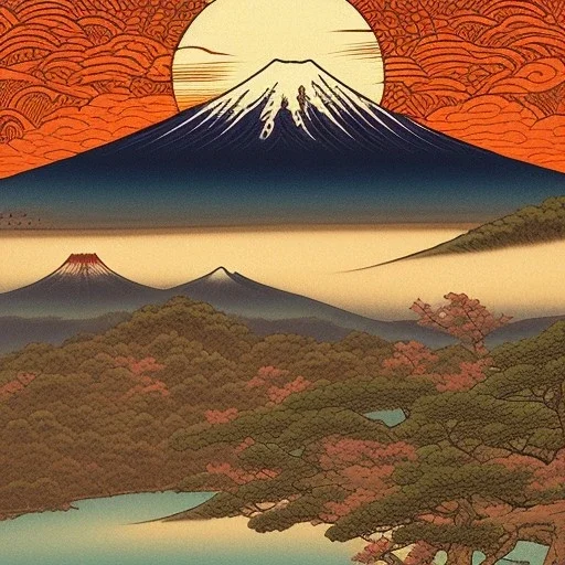 Ukiyo-e Style , mount fuji, sun set