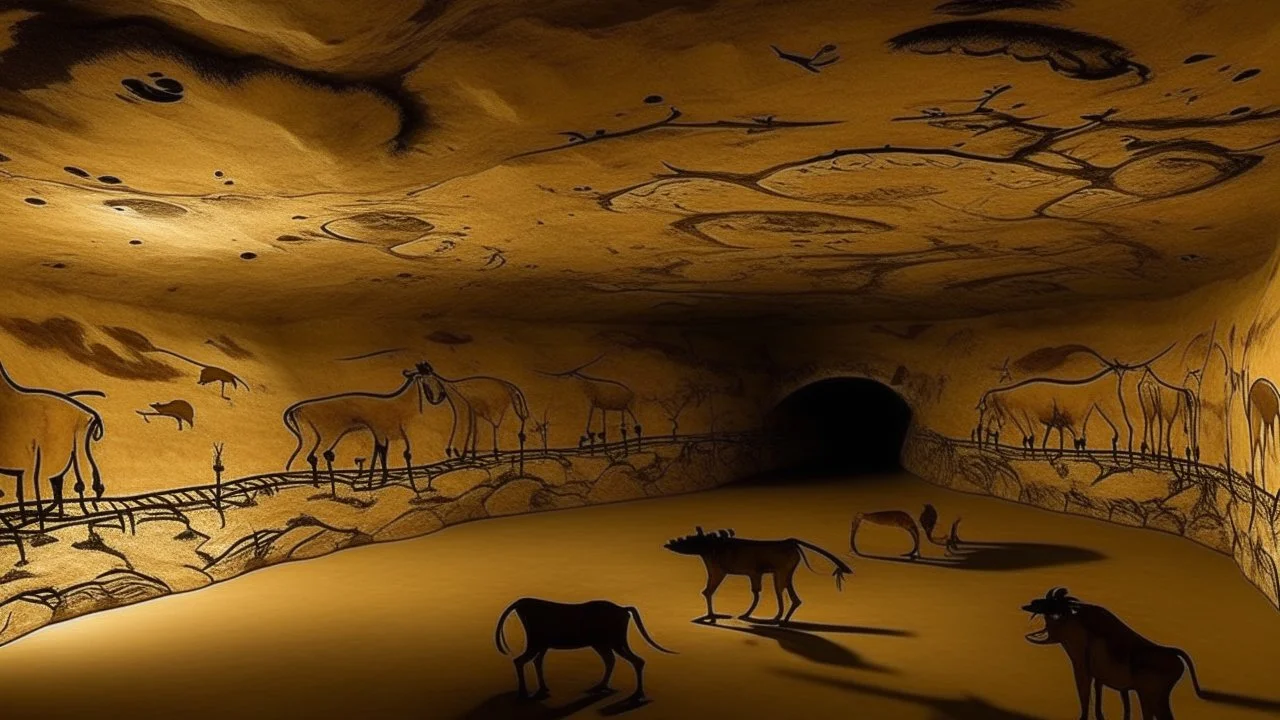 A tan martial coliseum designed in Lascaux cave paintings