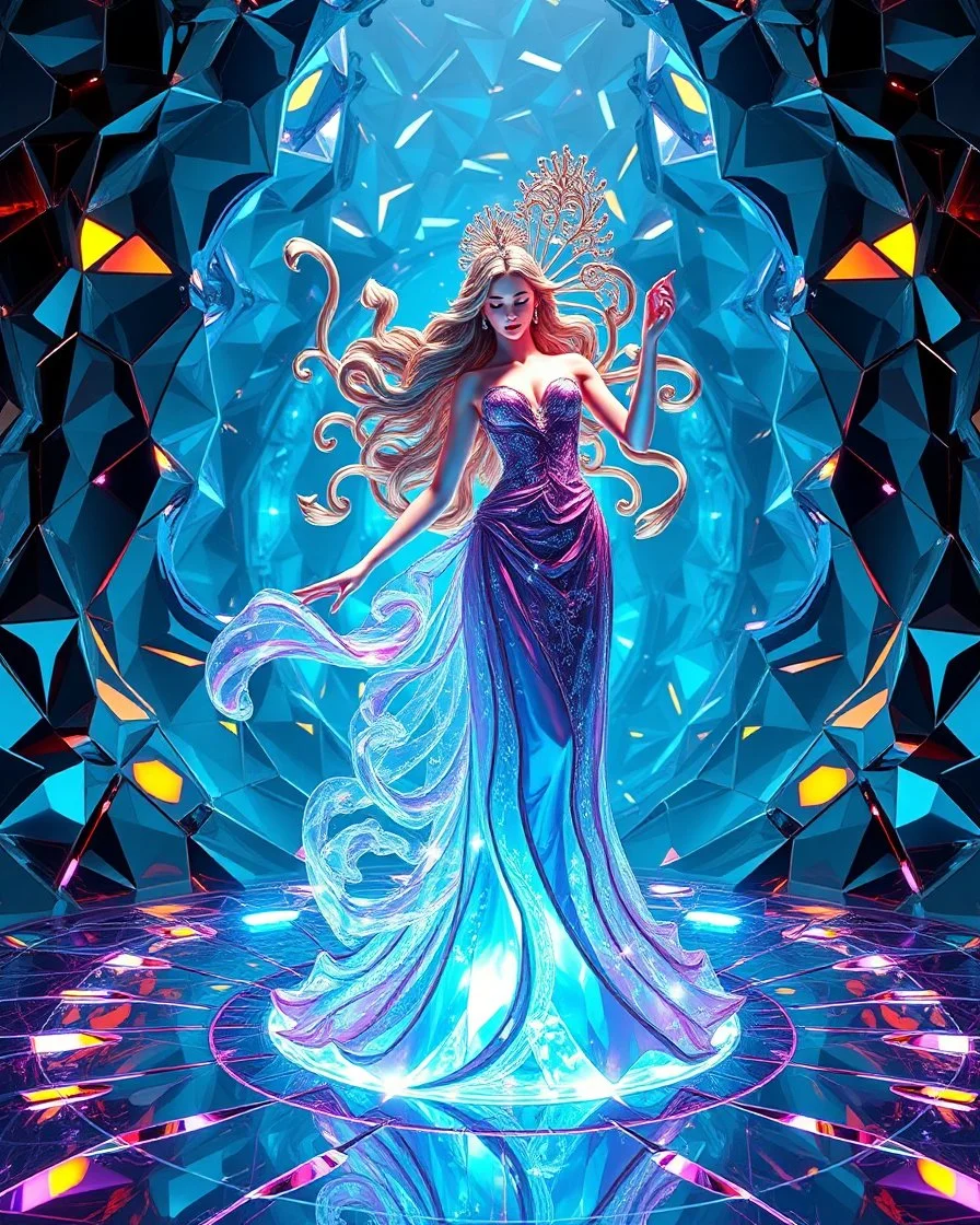 very complex structure ,pretty viberating color environment 3d metalic and crystal recursive animating beveled geometric base very complex structure future world evolving background and goddess of love in a pretty cleric dress comes out dancing gracefully , viberating color moving very in modern city escap environment while camera tracking it.