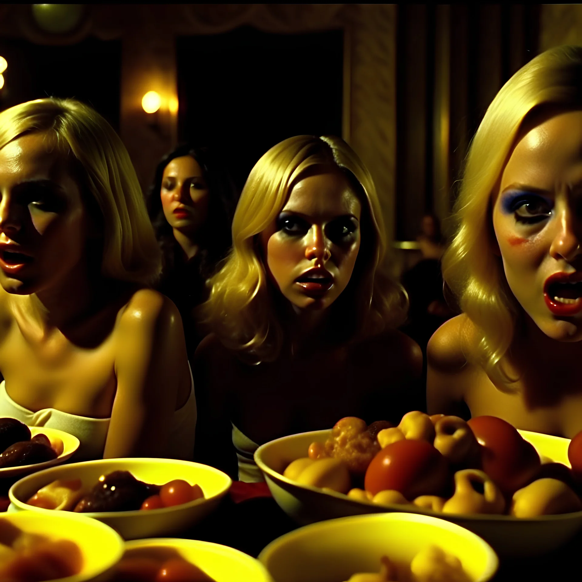 Horror movie shot, hot, ultra realistic, dine, horns, ultra chaos, realistic hot blonde women, party, pieces of meat, organs, hot dynamic, very excited people, hypermaximalist figures, light, 1970's Italian horror movie, sinister,, Dario Argento, Stanley Kubrik, ornate, 4k, photorealism