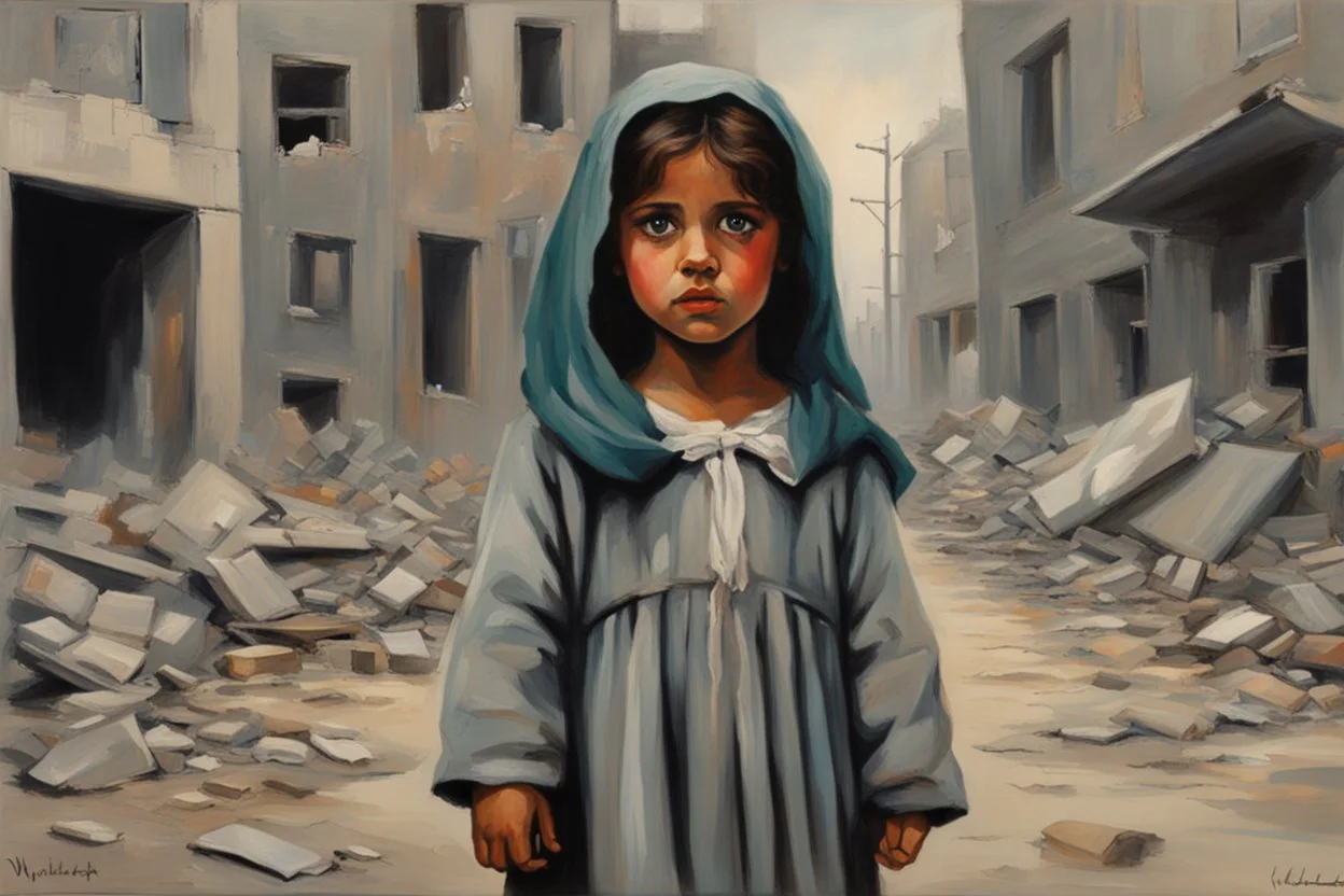 Grey sky, crying little palestinian girl wearing kuffeah , rocks, destroyed buildings , 80's sci-fi movies influence, friedrich eckenfelder and willem maris impressionism paintings