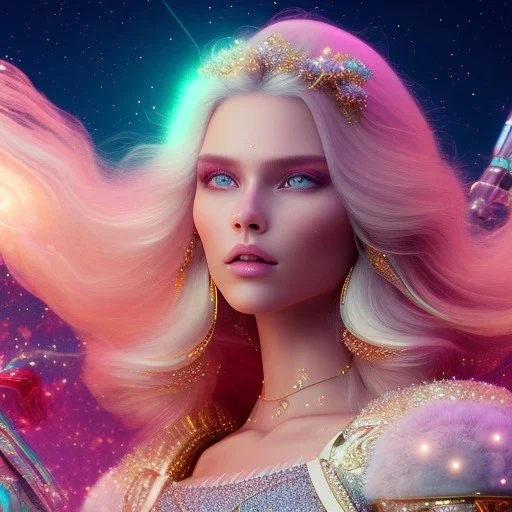  full body white woman glitter smiling long blond hair blue eyes in a galactic ambiance, delicate colors in the foreground, full of details, smooth, light effect，vaporwave colorful, smooth, extremely sharp detail, finely tuned detail, ultra high definition, 8 k, ultra sharp focus