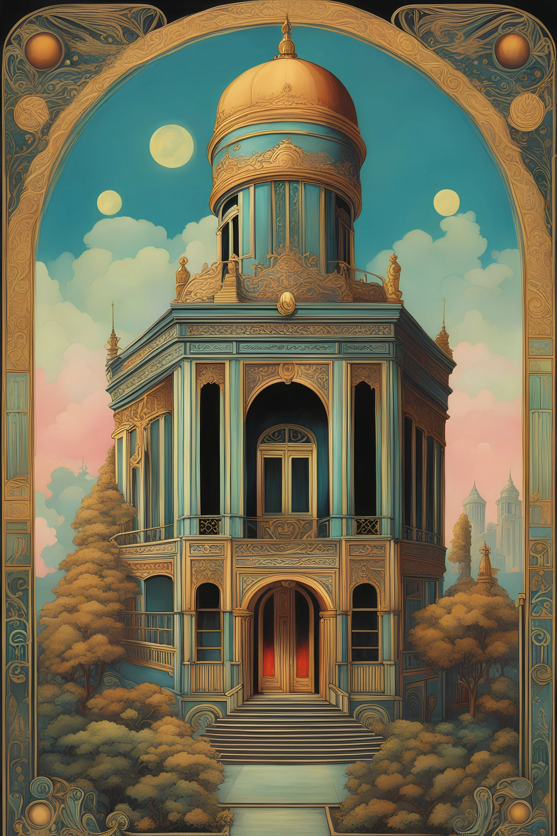 Surreal art tarot painting by jodorowsky :: art deco, art nouveau rococo architecture, intricately detailed, contrasting colors iridescent, photoillustration storybook illustration surrealism