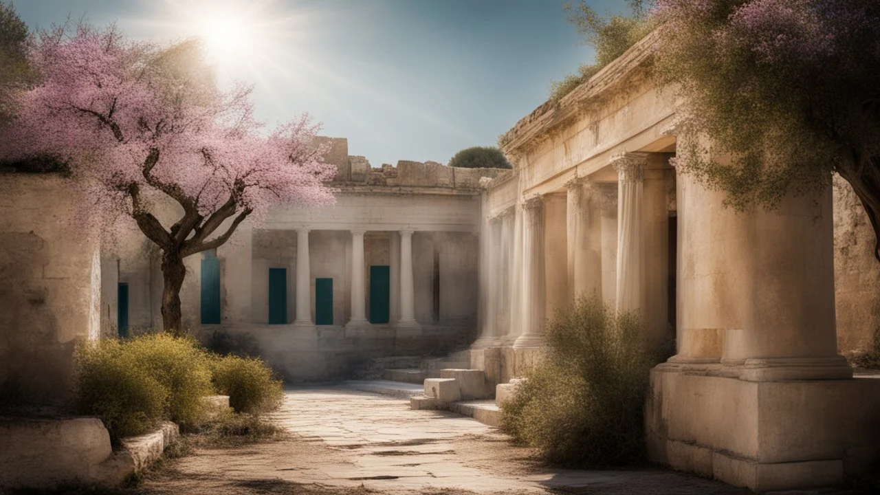 calm beauty, fantasy, magic, splendor, uplifting, inspiring, therapeutic, ancient Athens, springtime, sunlight, chiaroscuro, color, award-winning colour photograph, Nikon 135mm