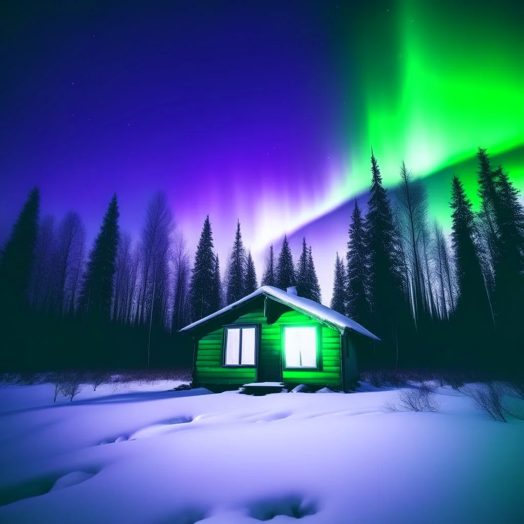 analog film minimal liminal icy cabin front elevation squared off and centered with icy trees behind and purple green aurora borealis - foreground is simple snowy plain