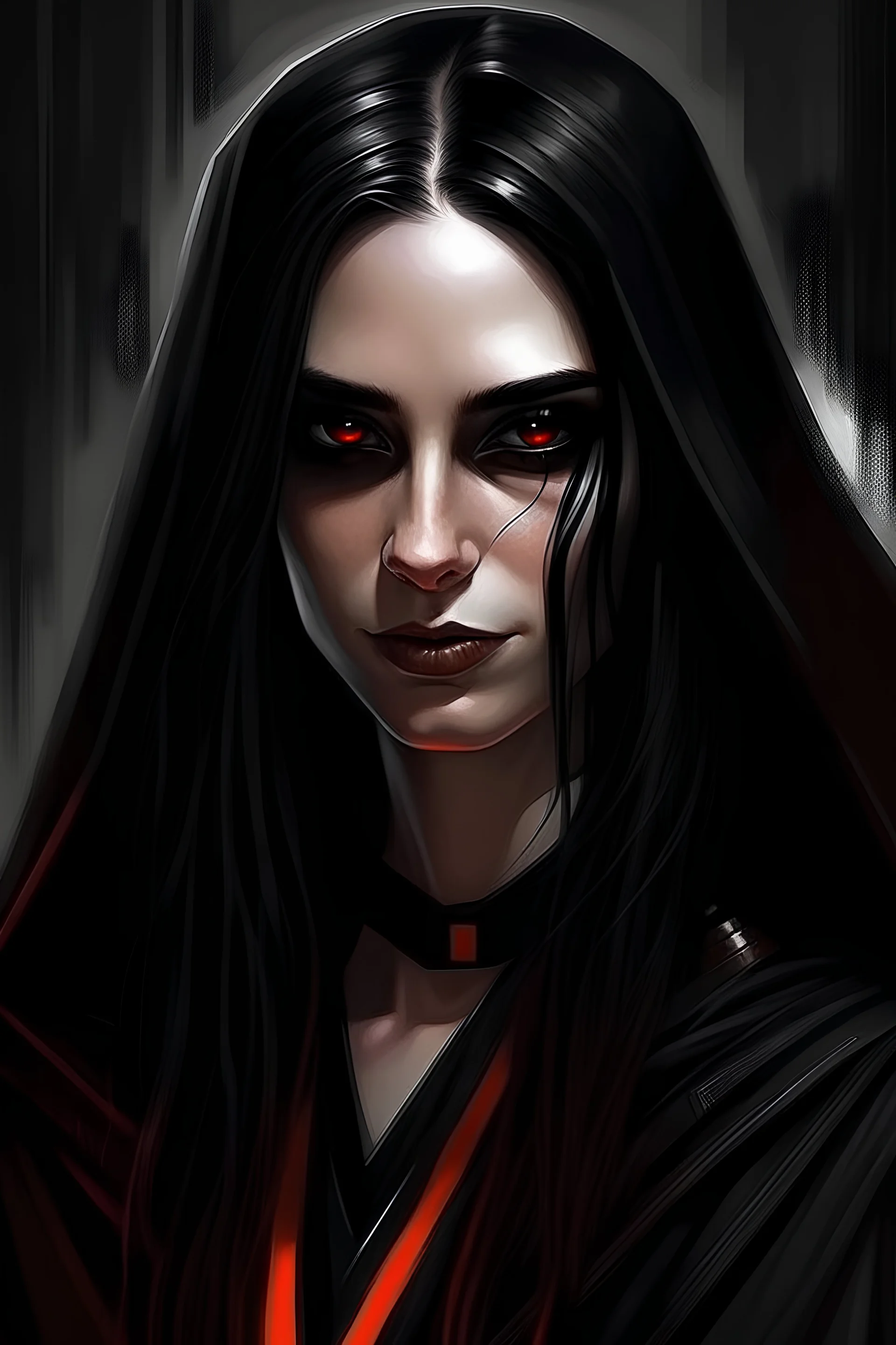 star wars, human female, black long hair, sith eyes, happy Sith