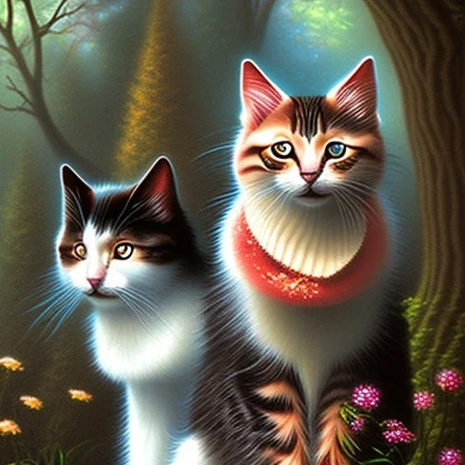 close up on two cats in magical forest, fantasy book cover art