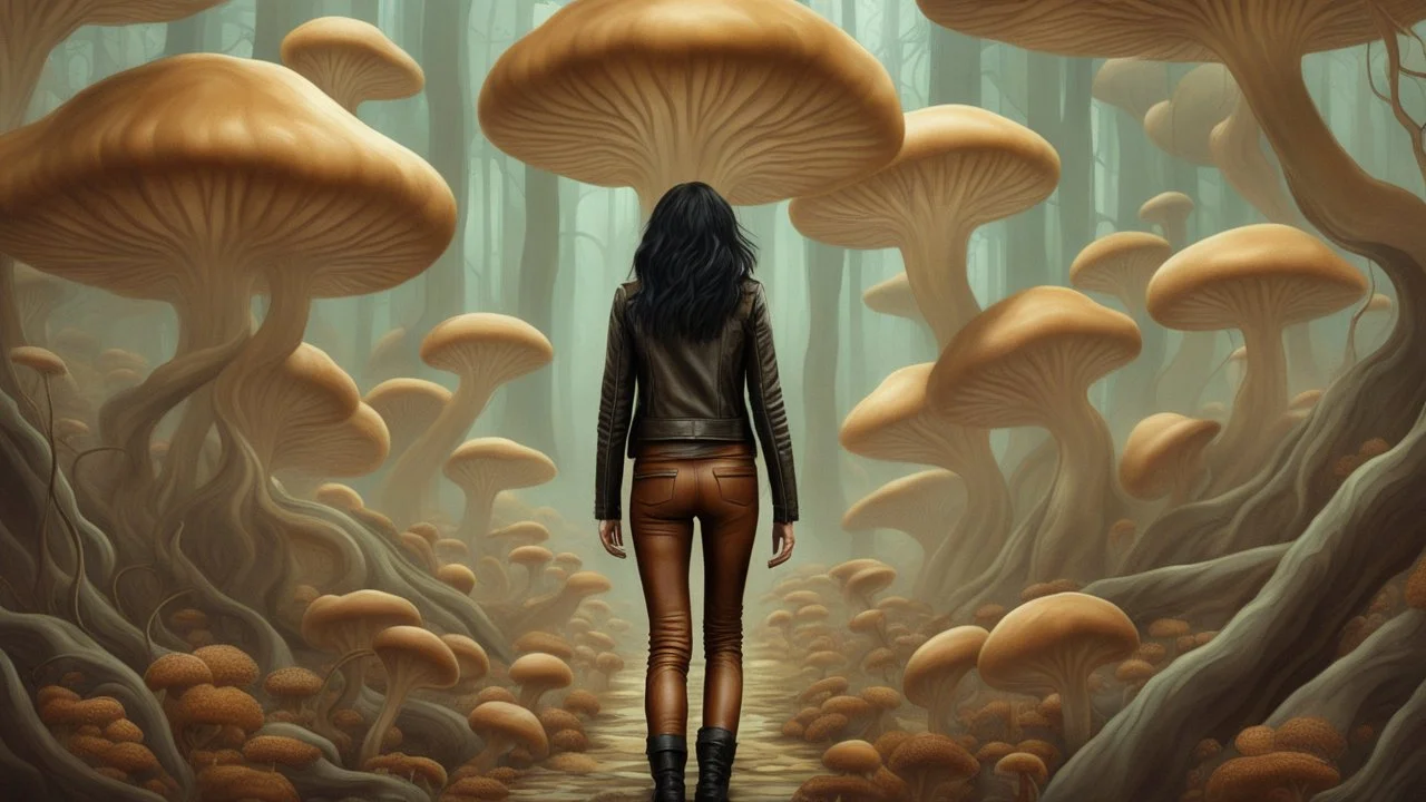 woman with black hair, in light brown leather trousers and jacket, walking through a forest of Alien mushrooms with jellyfish tentacles, photorealistic, Deep Colour, Intricate Detail, Dune