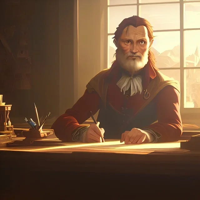 leonardo da vinci works in his study on a laptop at his desk. painting in photoshop. hyperdetailed, warm colors, movie poster, photoillustration, oil on canvas, lens flare