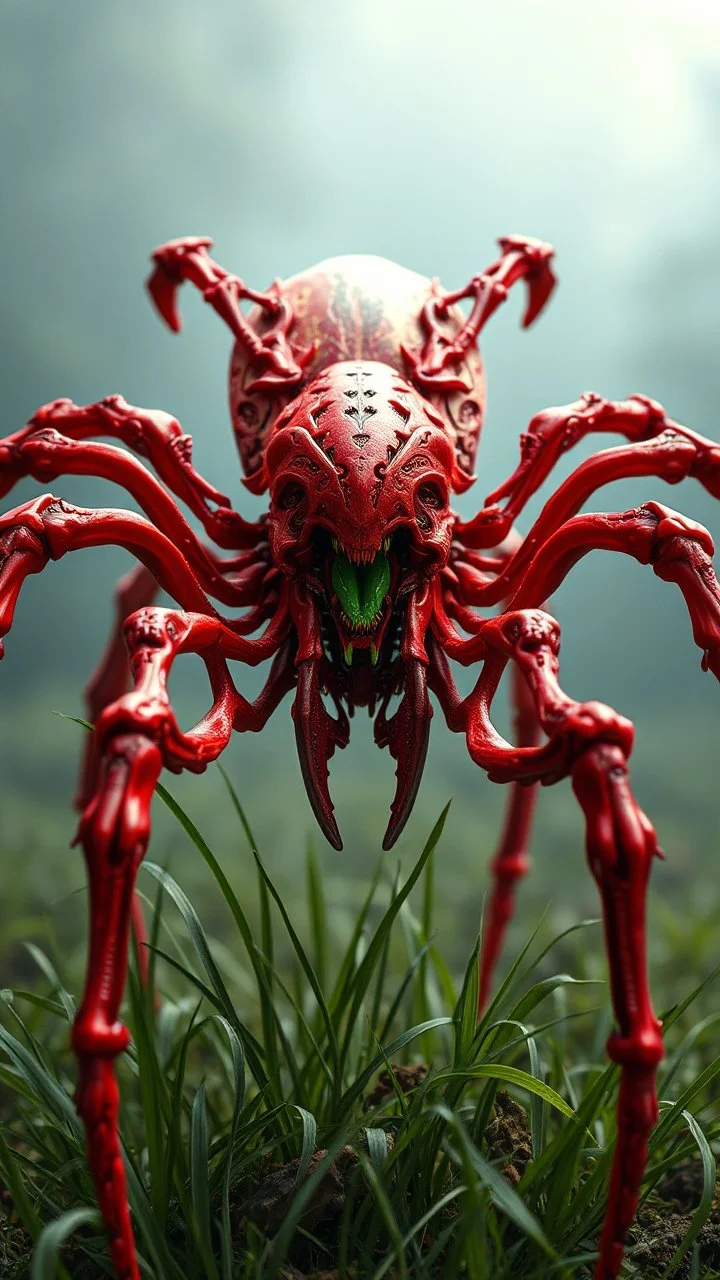 A dynamic front view showcasing the fusion of organic and bones elements, depicting a fully red bones-spider , Its intricate mechanisms are driven by interlocking blade and complex mechanical blade embedded throughout its glass frame. mist-grass eating leaf