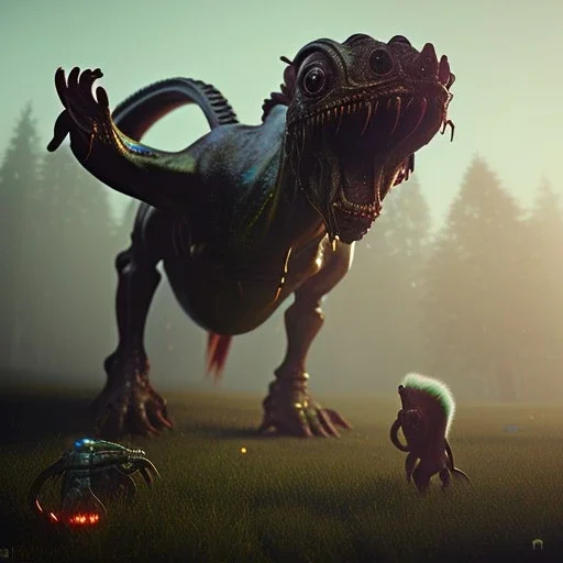 Ugly alien creature, eating a horse, realistic, unreal engine, artstation, 3D, Greg Rutkowski