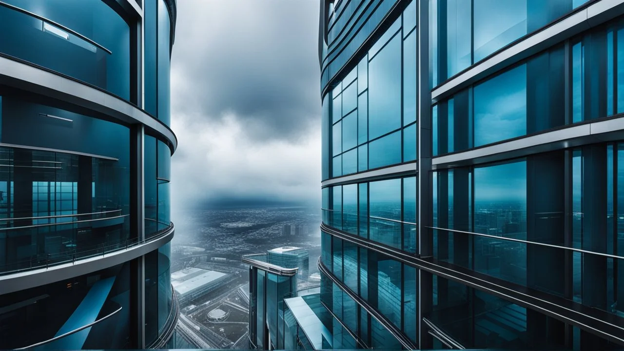 medium shot photo from high-tech futuristic office building between in big clouds , glass and metalic walls, tall, cyberpunk, blue, and dark colors, cold colors, high detalied, shapr focus, sci-fi mood