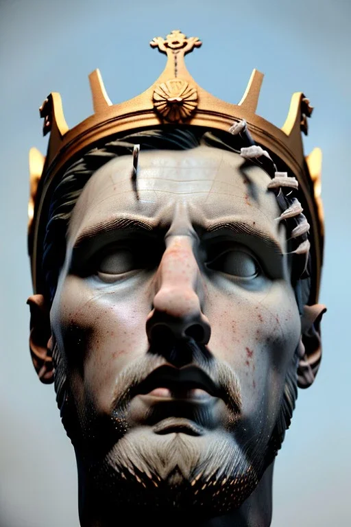 Ultra Realistic image, Roman sculpture, white marble material, Lionel Messi, gold crown of natural thorns, god crown, Renaissance style, sun rays background, waist up portrait, epic, celestial, cinematic lighting, God lights, 4k resolution, smooth details, soft lighting, unreal engine 5, art station, substance 3d.