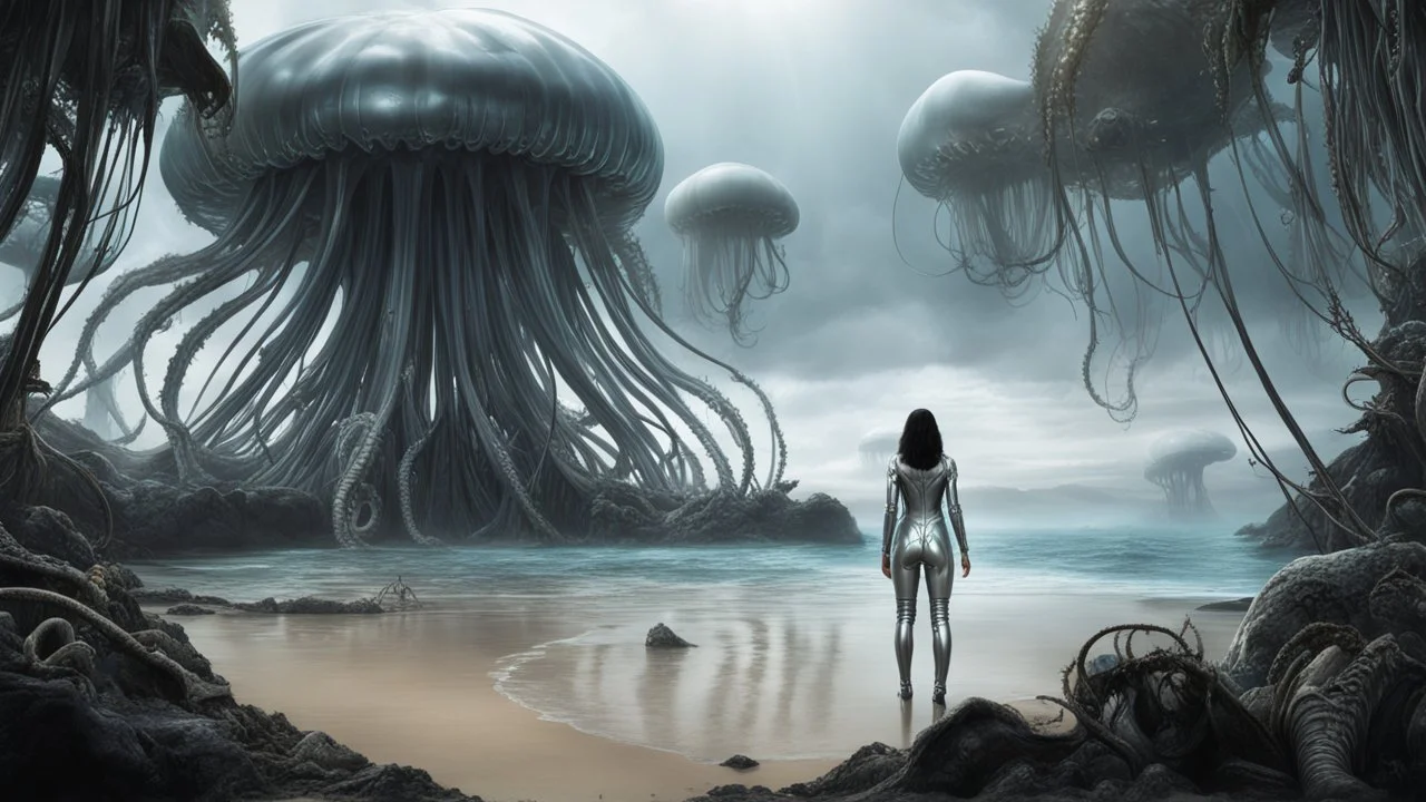 Detailed matte painting of a wide-angle shot of a woman, standing on the right side of an alien beach, with dark hair in a silver robotic catsuit, many large floating jellyfish with octopus tentacles, alien jungle trees in the distance