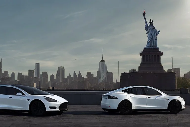 A Tesla 'Model S' is parked, near the 'Statue of Liberty' in New York. CINEMATIC. WIDE ANGLE LENS. PHOTO REAL.