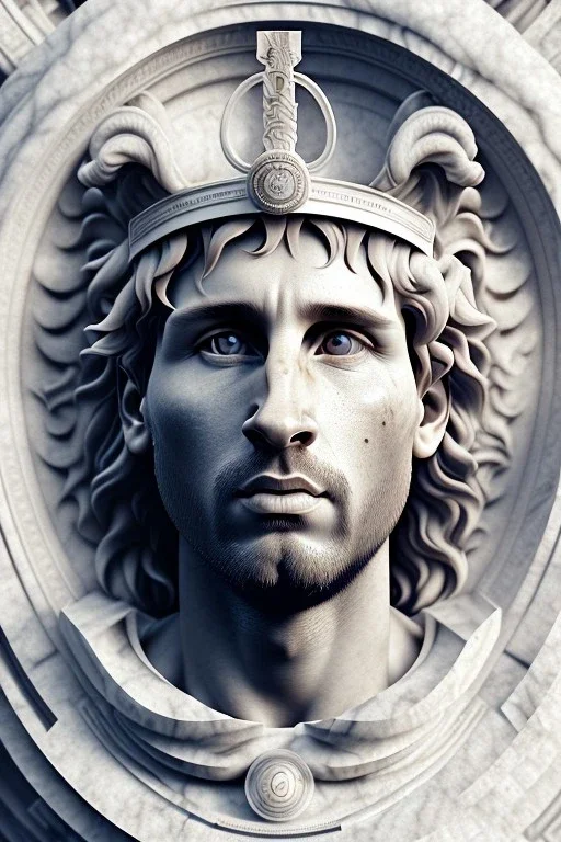 Ultra Realistic image, Roman sculpture, white marble material, Lionel Messi, sun radial crown, chisel style, waist up portrait, epic, celestial, cinematic lighting, God light, god rays, 4k resolution, smooth details, ornate details, soft lighting, unreal engine 5, marble background.