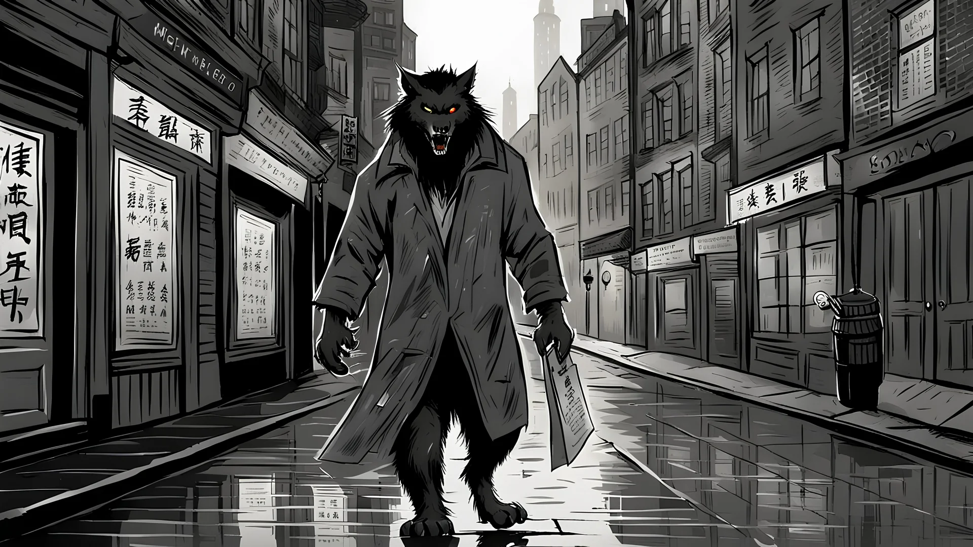 Werewolf with a Chinese menu in his hand, walking through the streets of Soho in the rain. Illustration.