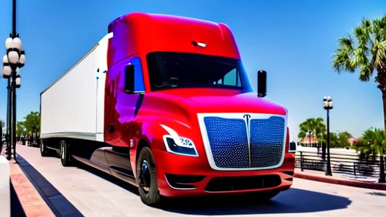 A Tesla semi-truck is racing at top speed, across the 'Islands of Adventure, Universal', in Orlando, Florida. CINEMATIC. WIDE ANGLE LENS.