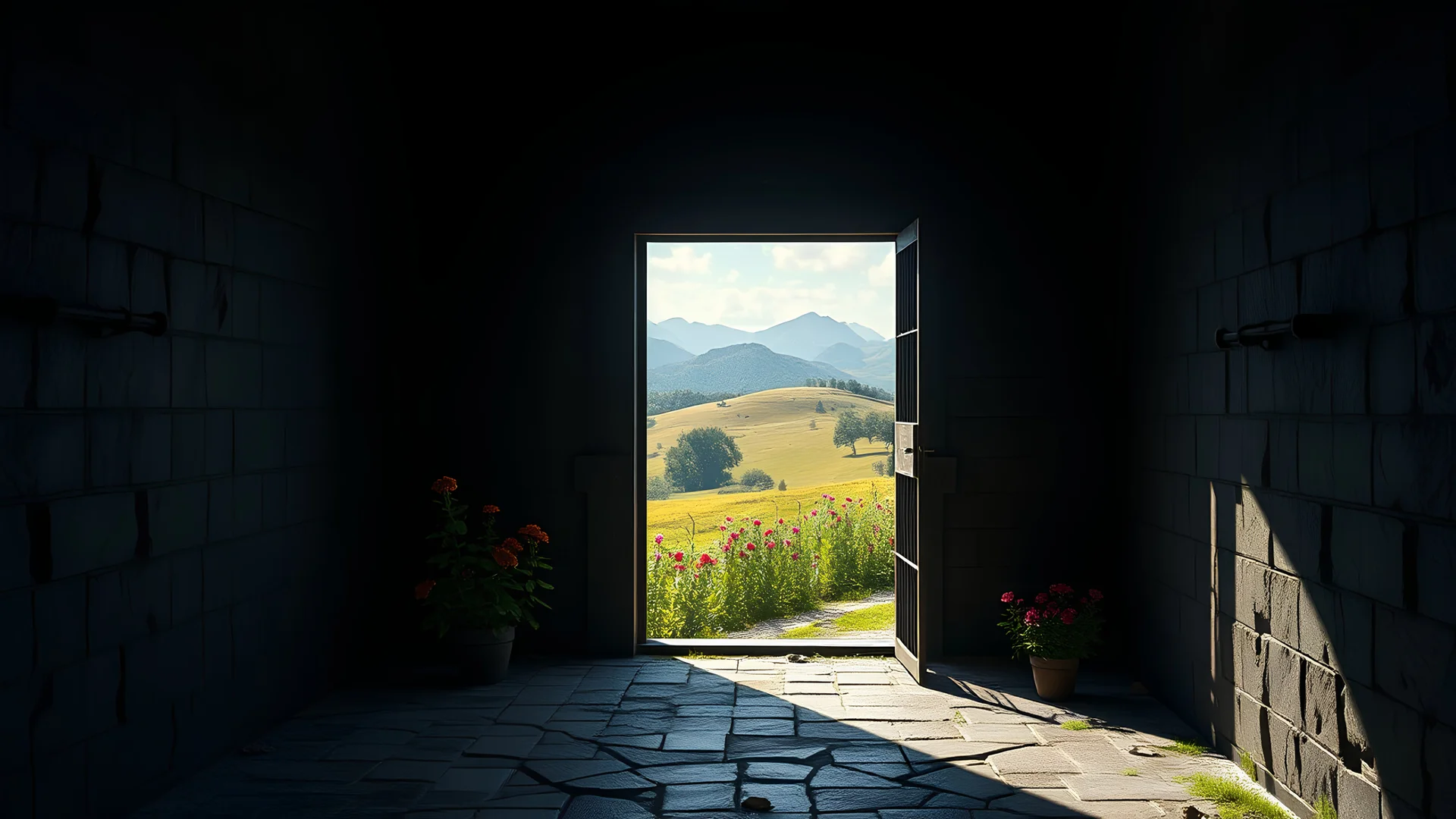 Interior of a dark dismal prison cell, looking out through an open cell door into flower gardens and distant hills in sunshine and freedom. Exquisite composition, beautiful detailed intricate detailed octane render, 8k artistic photography, photorealistic, perfect light, award-winning photograph, masterpiece