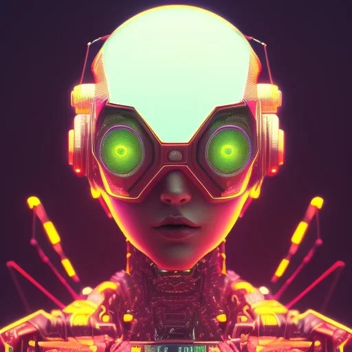 portrait painting of a cyberpunk red robot spider, ultra realistic, intricate details, ultra highly detailed, shiny, smooth, studio quality, octane render, Surrealism, Triadic colour scheme,glow-stick, ambient lighting,nightclub lighting, polaroid, 100mm, --ar 1:1 --v4