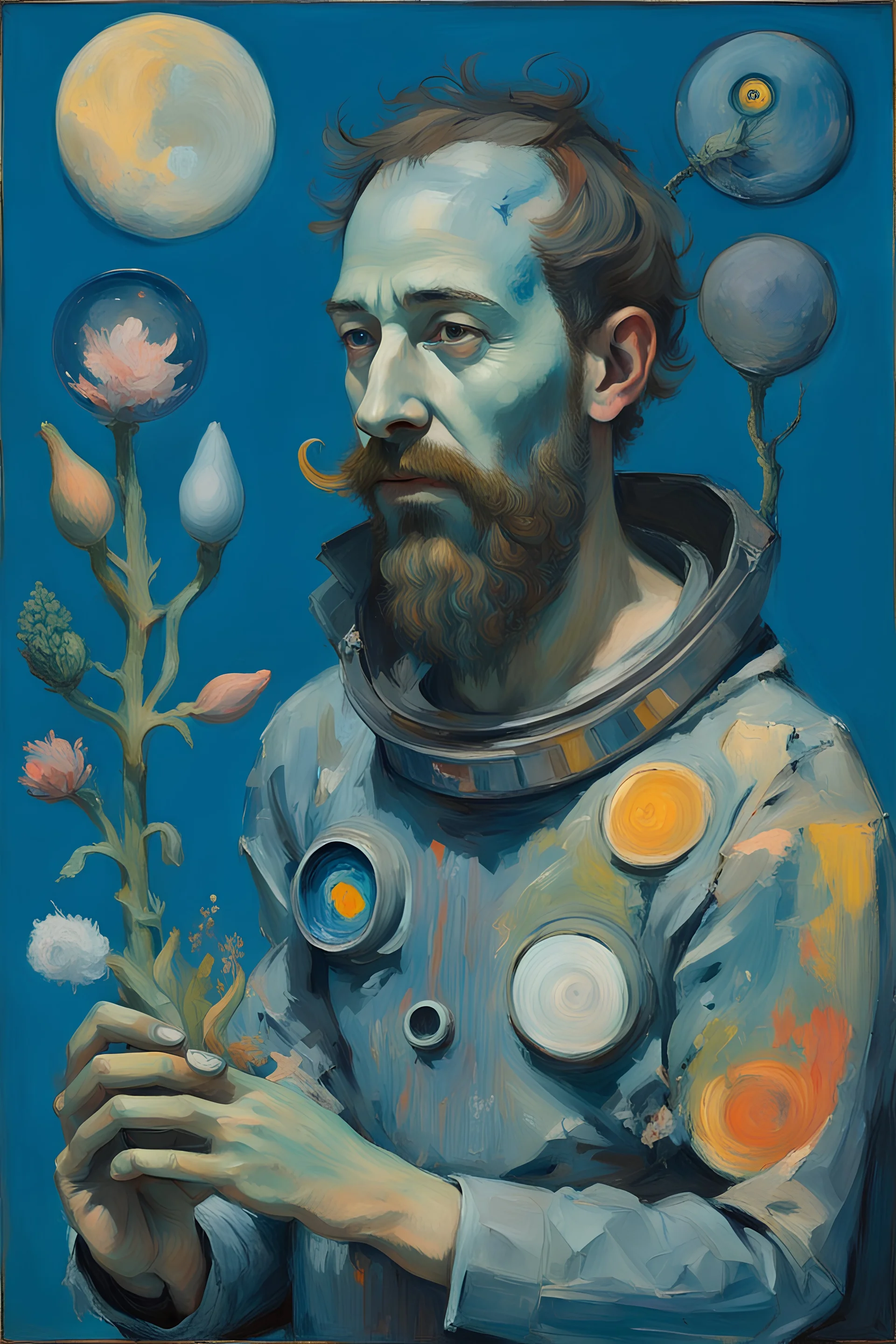 Otherworldly, George Baselitz-John Lowry Morrison Blue Astronaut male bearded smile selkie analyzing and holding lunar bioluminescent plant by meticulous Hieronymus Bosch oils. Bioluminescent alien flora samples in fantasy hues by Paul Gauguin heightened palette., detail faces and body parts, total body-paint Iris Van Harpen curvilinear art Nouveau tattoos, Mario bava movie still, Masterpiece, sharp focus, raw photo environment scape, cinematography, by pascal blanche rutkowski, MAD MAX fury roa