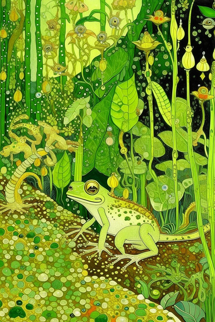 A pale greenish yellow rainforest with toxic frogs painted by Gustav Klimt