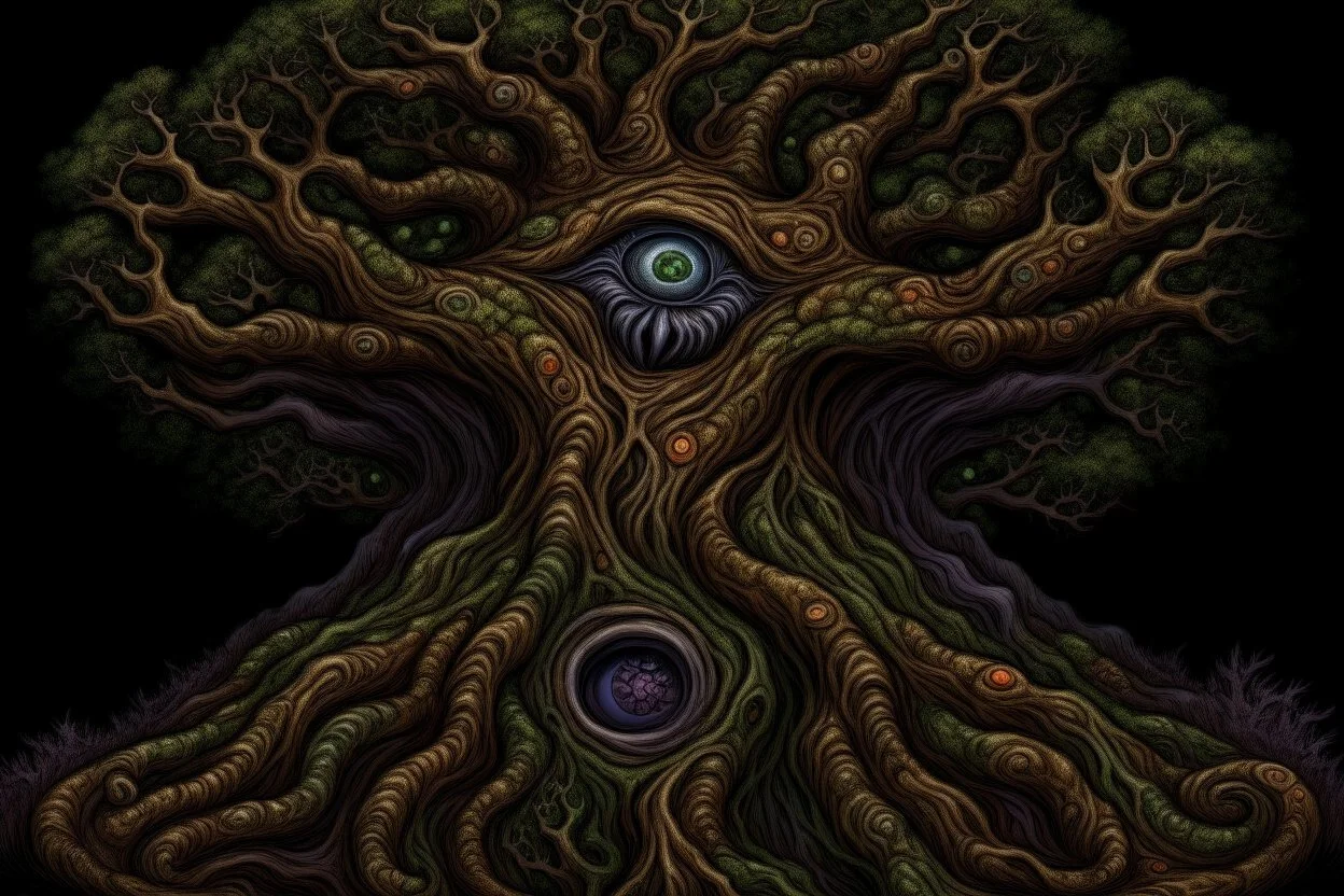 gnarled and twisted tree of life with faces and bodies crawling out of the trunk and branches, deep colour, in the multiverse