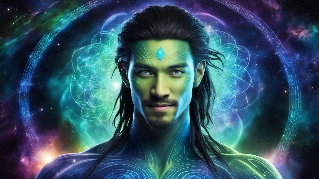 beautiful gorgeous young man na'vi with long hair, Avatar, blue skin, two small ears, green eyes, black hair, in cosmic suit, galactic ambiance, medium pointy goatee , smiling, nebulas and sacred geometry light figures on the backgroud,