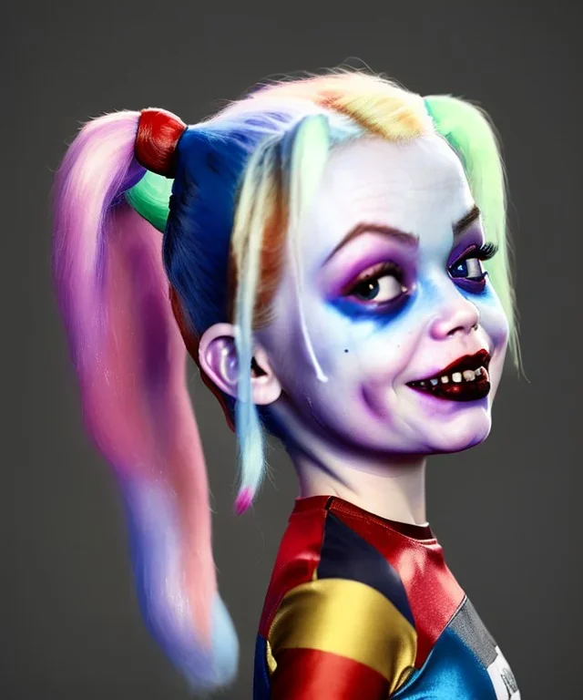 Harley quinn toddler, full body, soft skin, dramatic lighting, hyper realistic