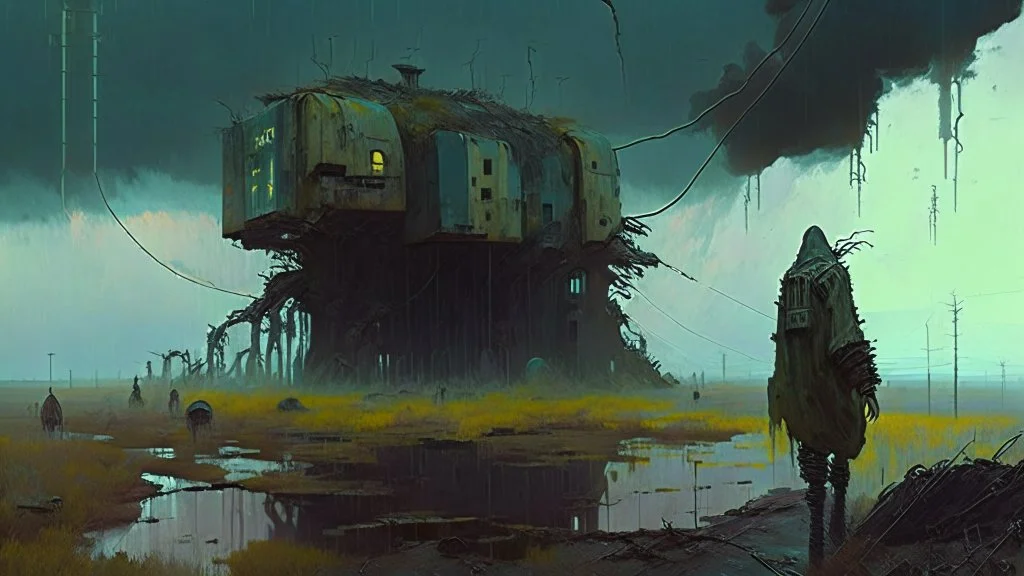 Strange surreal world, techno gothic, post apocalyptic art, neo cyberpunk renaissance, Science fiction painting, Denis Sarazhin Simon Stålenhag, Nicolas Bruno, sinister vibes, harsh survivalism, Peter Sallesen, Hamish Frater, ominous sky