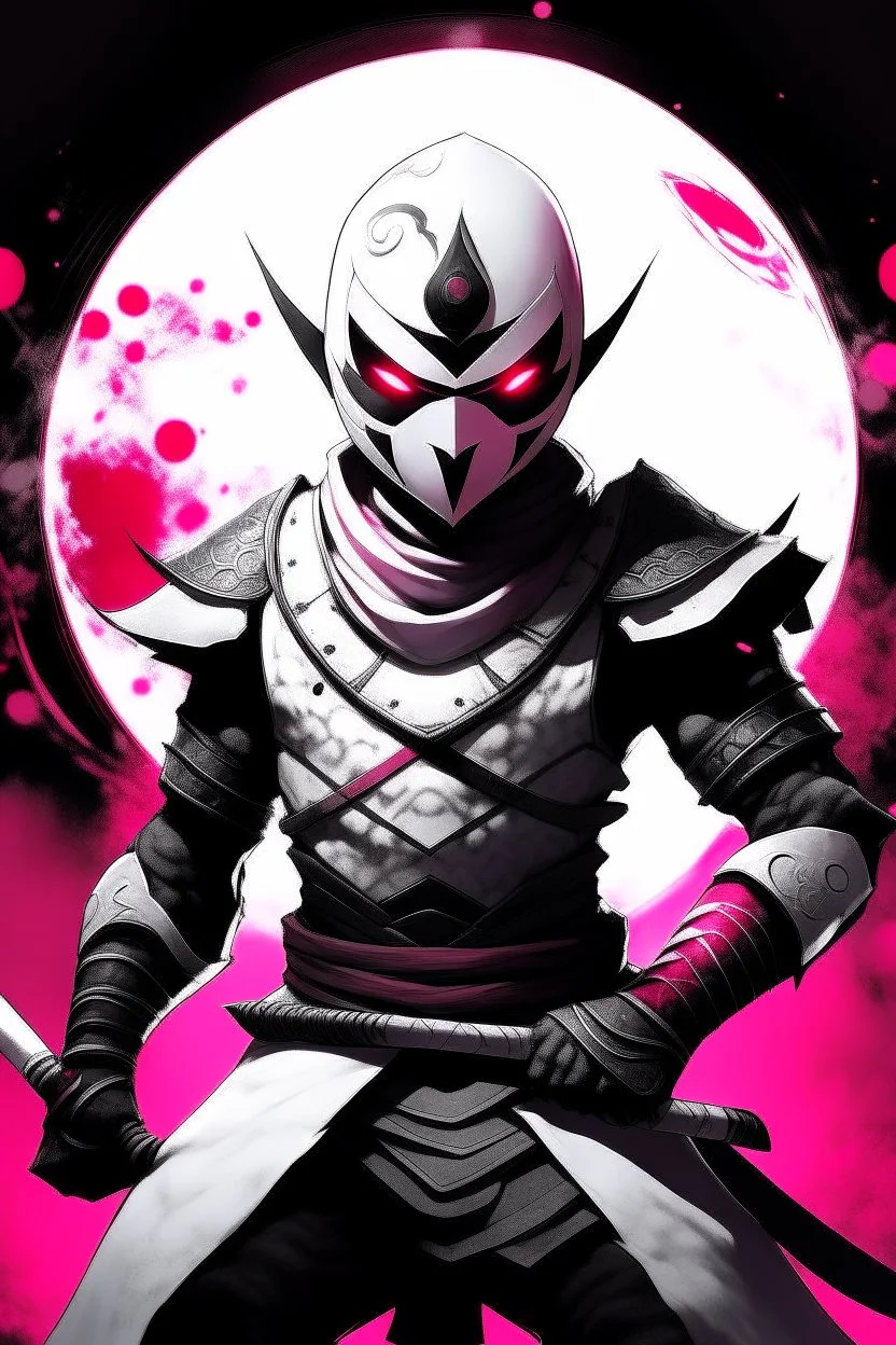 The character, depicted in a striking white armour against a dark wintry backdrop with accents of pink, stands prominently within the scene, accompanied by a red and black circular symbol of significance, a black pointed spear with a red handle. His eyes are showing a dynamic yet menacing expression and he wears a black oni mask with white teeth covering the bottom part of his mouth he has brown shoulder pads and a white karate belt with a bag attached to it. He has dark brown hair and is asian.