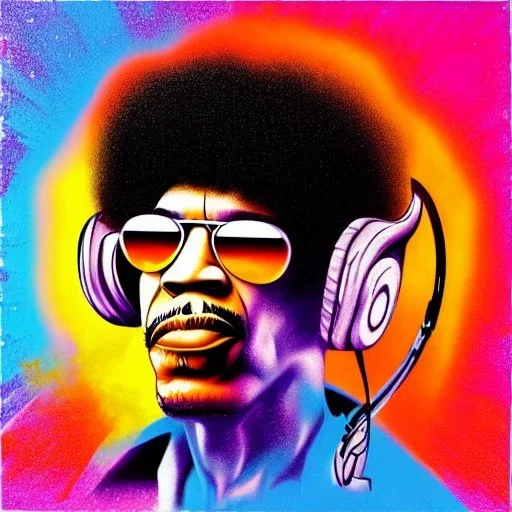 a realistic portrait of Jimi Hendrix at a turntable with headphones on being a DJ, vivid color, with sunglasses