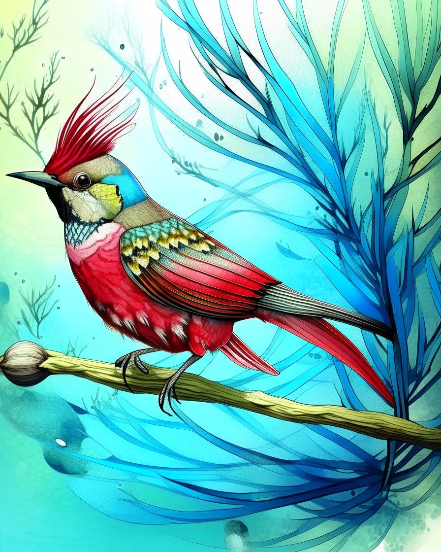 surreal mixed-media illustration of a Cardinal perched on a textured branch, depicted with a semi-transparent body that reveals an internal aquatic scene.Inside the bird’s torso, Angelfish swim gently in clear water, rendered with scientific-illustration precision and soft painterly textures.The bird’s feathers combine natural realism with subtle graphic stylization, including layered patterns and delicate linework.Surrounding the branch are daffodils, illustrated in a vintage botanical style wi