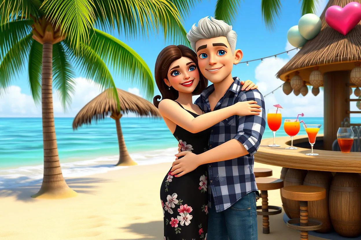 3D video game characters, a brown-haired blue-eyed plus sized woman in a black dress with white and pink flowers hugging a short silver haired thin man with brown eyes, wearing blue-white-black checkered shirt and jeans at the beach in sunshine, tiki bar, cocktails, hearts, waterfall, happiness