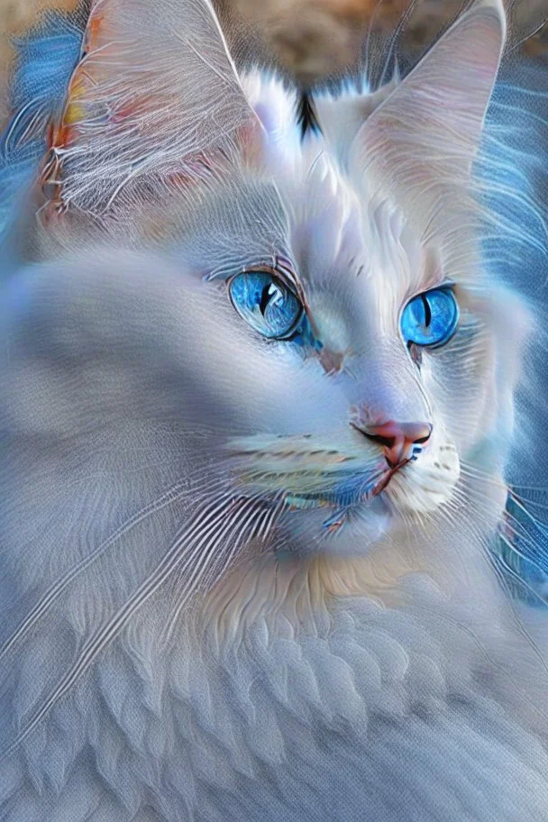 Attractive white cat with blue eyes and white feathers around it