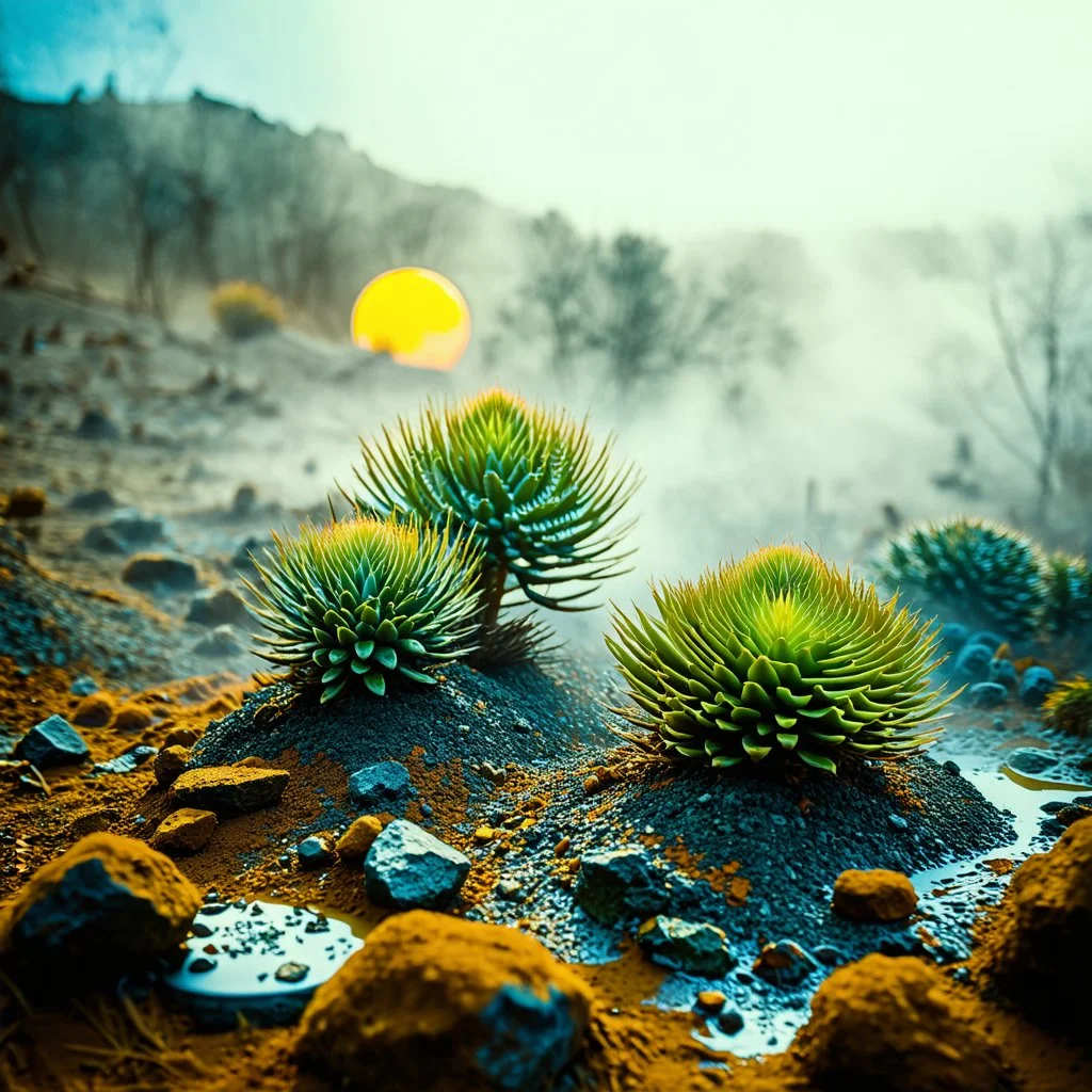 A striking quality photograph captures a wasteland with liquid and group of monstrous plants, creepy, details of the dust very accentuated, glossy organic mass, adorned with minerals and rocks. Bathed in intense light, eerie, Max Ernst style, Amano, Audubon, yellow sun, fluids, fog, bkue eyes, paranoic, obsessive, blurred, volumetric light