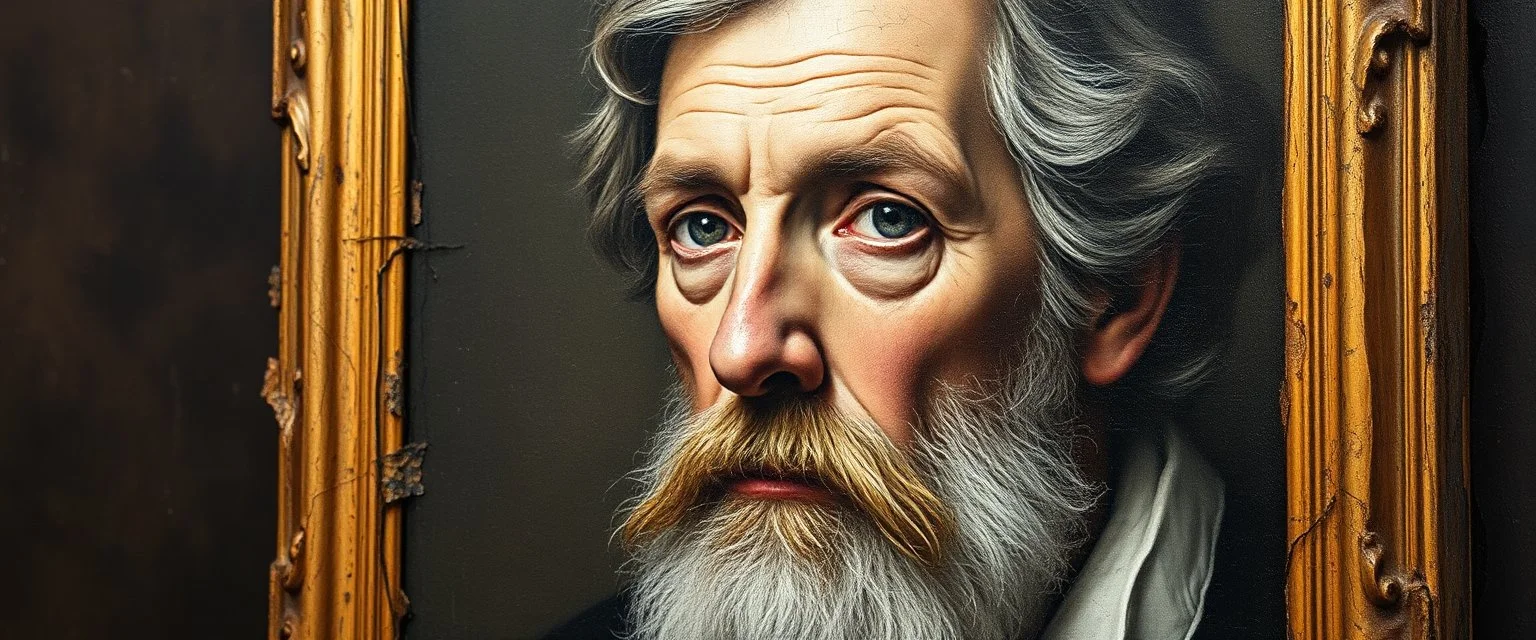 master oil painting by Rembrandt, motion blur sickness background, super clear foreground portrait, smeared paint background, twisted broken and burnt frame, painting found in lost treasure