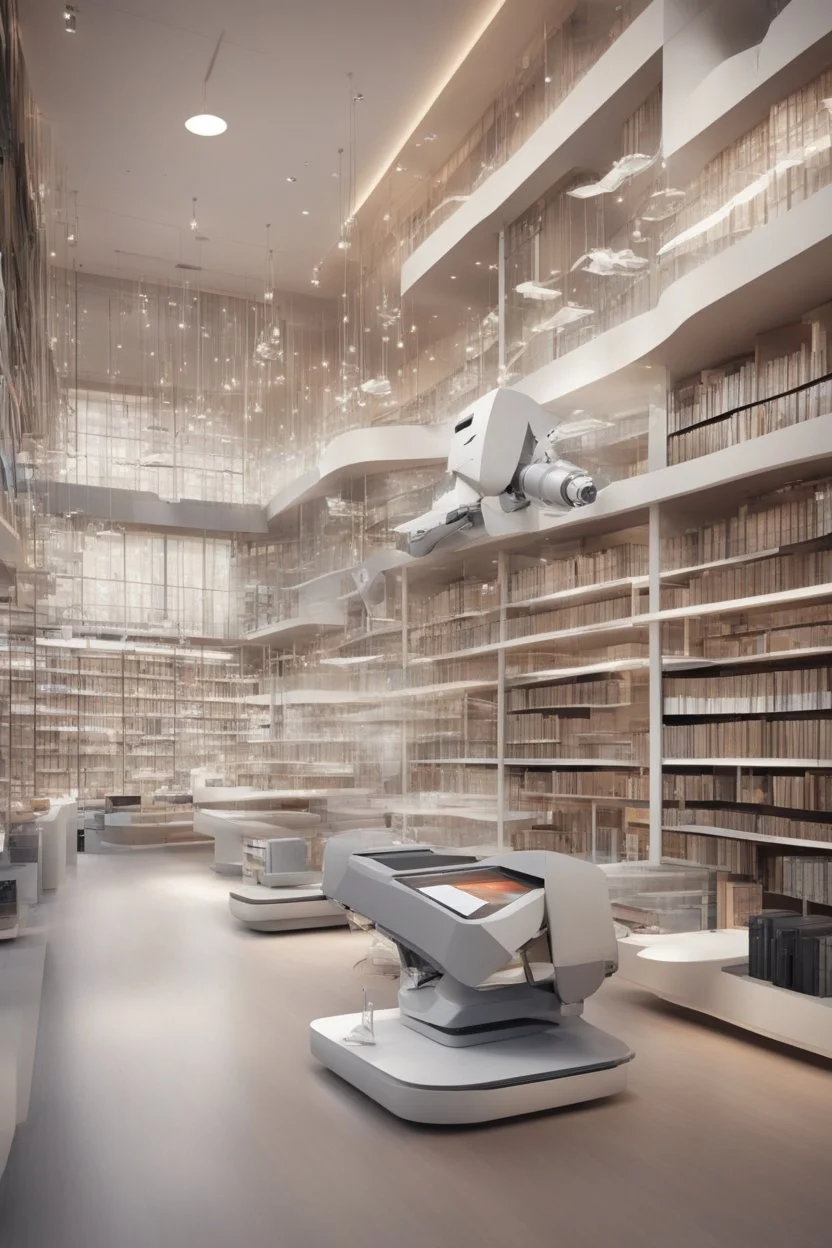 A modern library. Robotic book delivery, everything is automated. Cutting-edge library interior design. Everything is drawn in detail, in high resolution. 8k