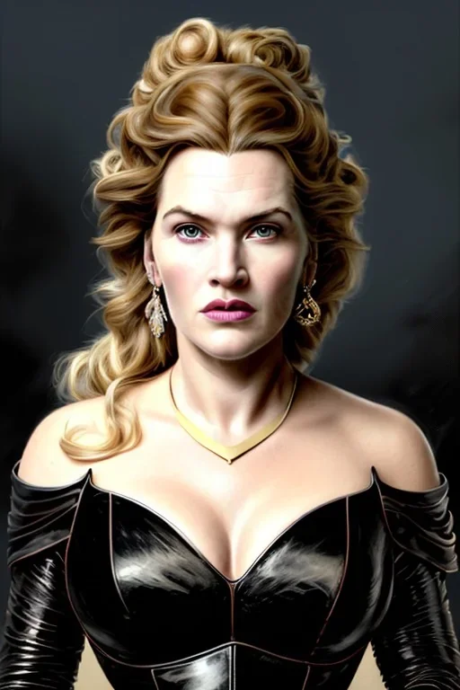 painting of kate winslet as evil queen in black leather gown, feminie, angry, stern look on her face, volouptous, busty, cleavage, emperious, mature, highly detailed, digital painting, artstation, concept art, smooth, sharp focus, illustration, art by gaston bussiere and alphonse mucha